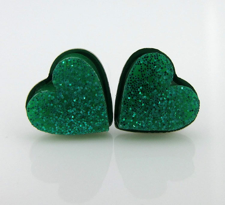Stainless Steel Teal Blue Green Glitter Acrylic Heart Stud Earrings 8mm