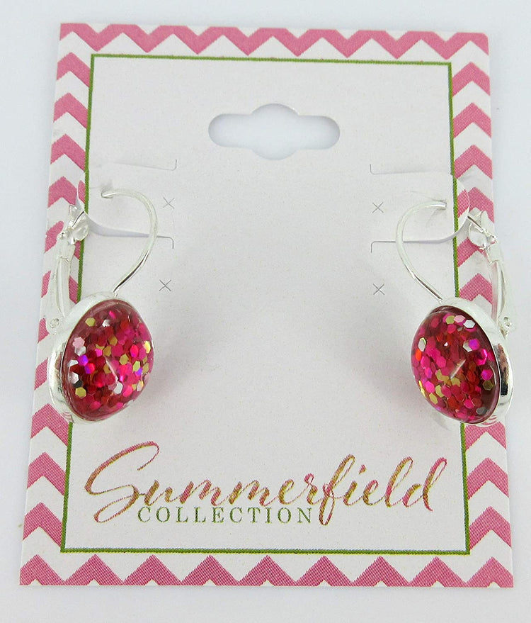 Silver-tone Metallic Glitter Resin Lever-back Drop Earrings 12mm (Pink)