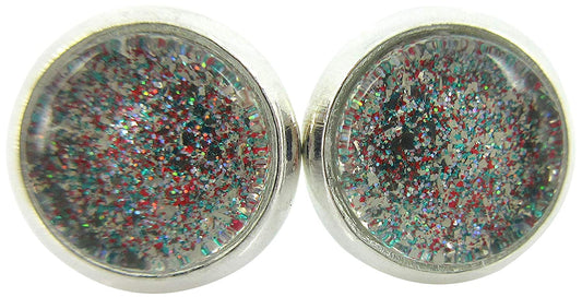 Silver-tone Aqua Blue and Red and Holographic Glitter Glass Stud Earrings Hand-painted 8mm