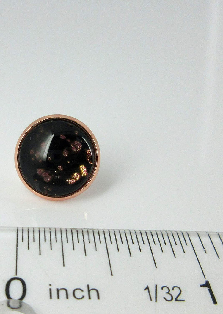 Rose Gold-tone Black Spotted Glitter Glass Stud Earrings Hand-painted 12mm