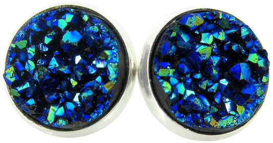 Silver-tone Blue Faux Druzy Stone Stud Earrings 12mm