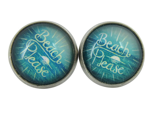 Stainless Steel Beach Please Print Glass Stud Earrings 12mm