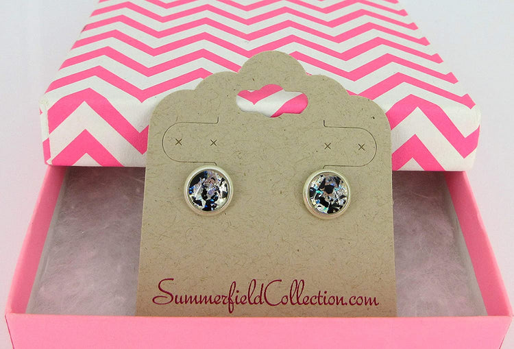 Silver-tone Blue and Black Glitter Glass Stud Earrings Hand-painted 8mm