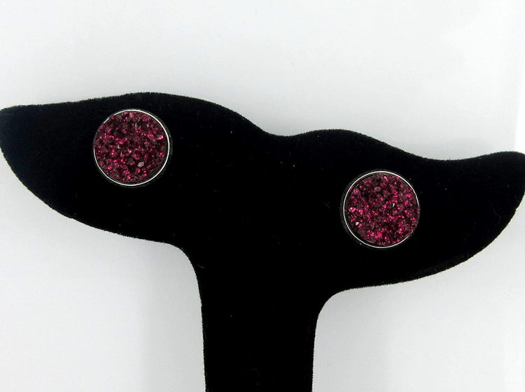 Silver-tone Maroon with Pink Glitter Faux Druzy Stone Stud Earrings (12mm)