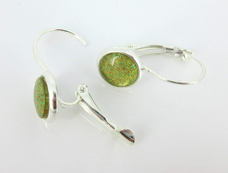 Silver-tone Gold Green Red Glitter Glass Drop Earrings Hand-painted 8mm