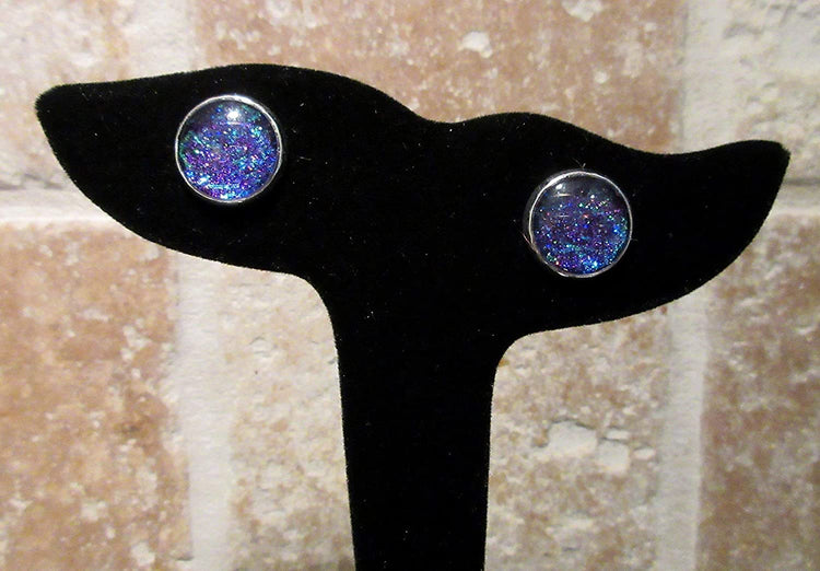 Silver-tone Purple and Blue Glitter Glass Stud Earrings Hand-painted 12mm