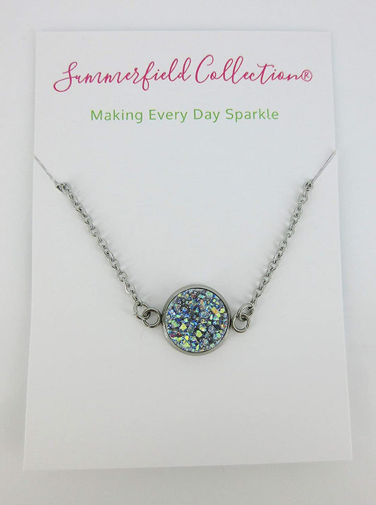 Stainless Steel Frost Blue Gray AB Glitter Faux Druzy Pendant Necklace