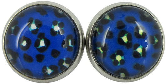 Stainless Steel Royal Blue Animal Print Glass Stud Earrings 12mm