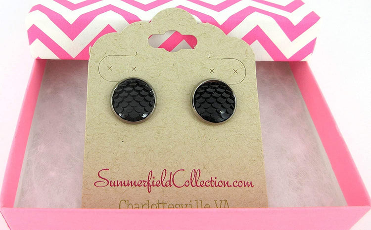Hematite-tone Black Dragon Scale Stud Earrings 12mm Mermaid