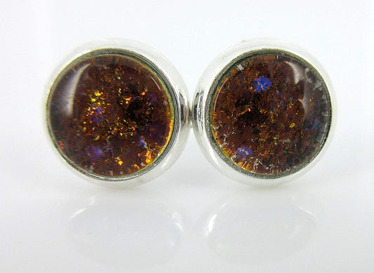 Silver-tone Bronze and Purple Glitter Glass Stud Earrings Hand-painted 8mm