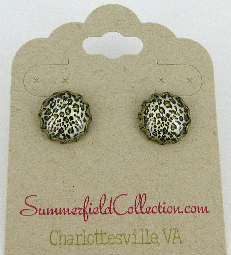 Antiqued Gold-tone Animal Print Glass Stud Earrings 12mm