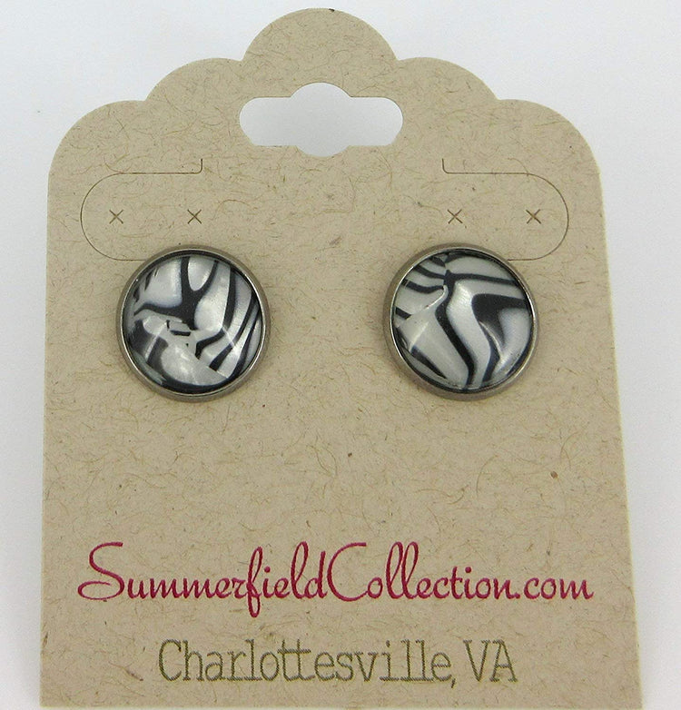 Hematite-tone Black and White Zebra Print Stud Earrings 12mm