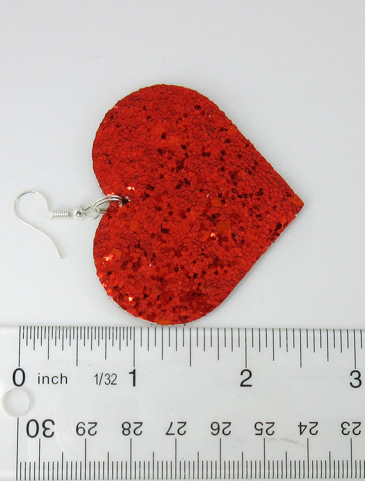 Red Glitter Faux Leather Large Heart Dangle Earrings