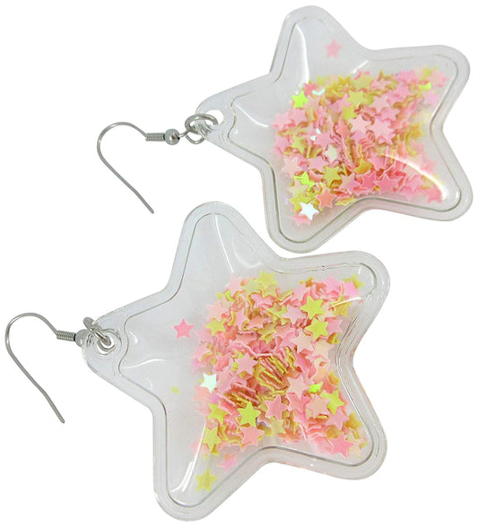 Confetti Glitter Shaker Large Star Dangle Earrings Stainless Steel (Pink/Yellow)