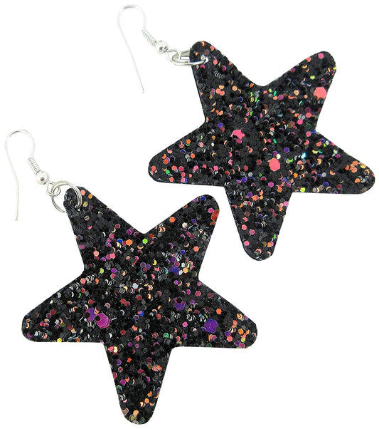 Black and Rainbow Glitter Faux Leather Large Star Dangle Earrings