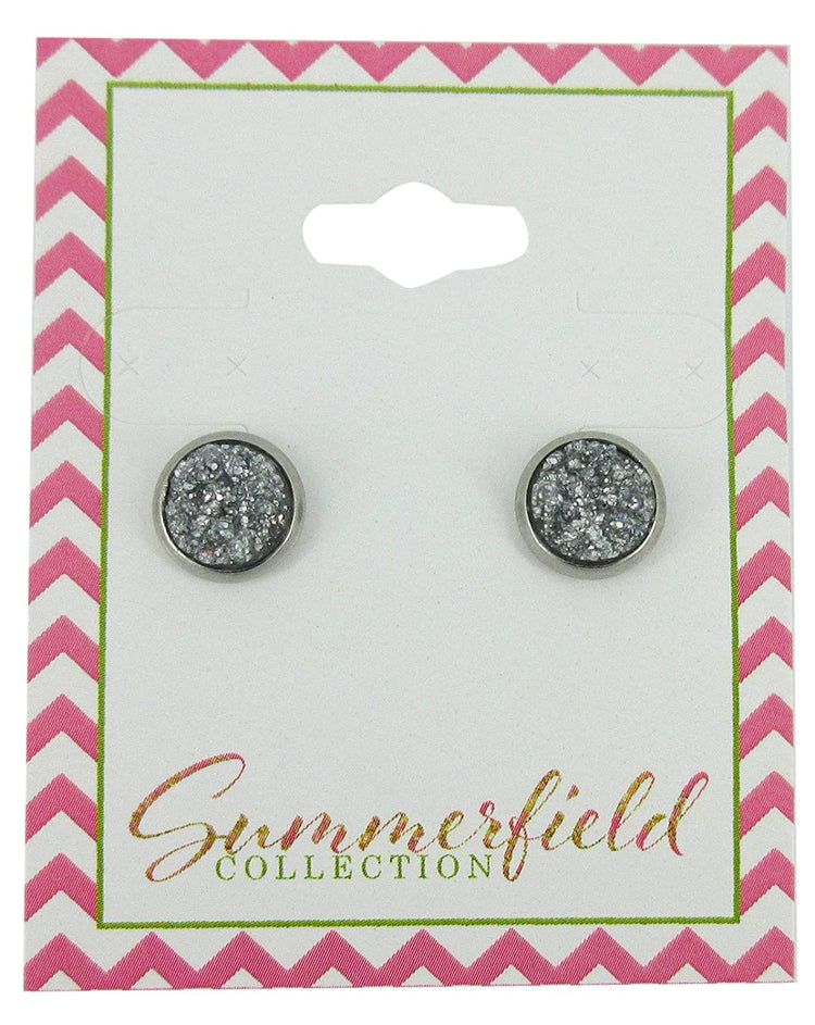 Stainless Steel Glitter Faux Druzy Stone Stud Earrings 8mm