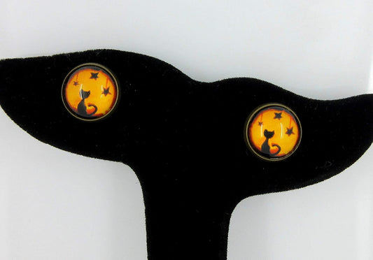 Antiqued Gold-tone Orange and Black Halloween Cat Print Glass Stud Earrings 12mm