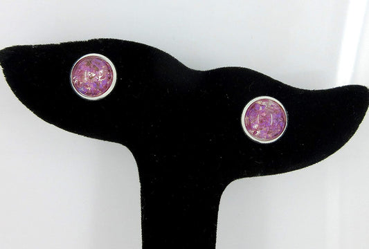 Silver-tone Clear and Purple Dried Flower Resin Stud Earrings 10mm
