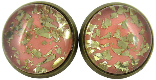 Antiqued Gold-tone Peach Glitter Glass Stud Earrings 12mm Hand-painted