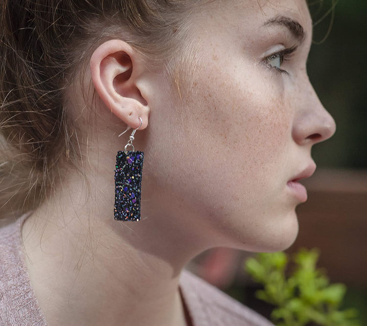 Black and Rainbow Glitter Faux Leather Large Rectangle Dangle Earrings