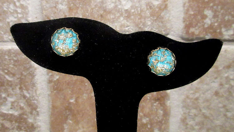 Antiqued Gold-tone Aqua Blue Faceted Resin Leaf Foil Stud Earrings 12mm