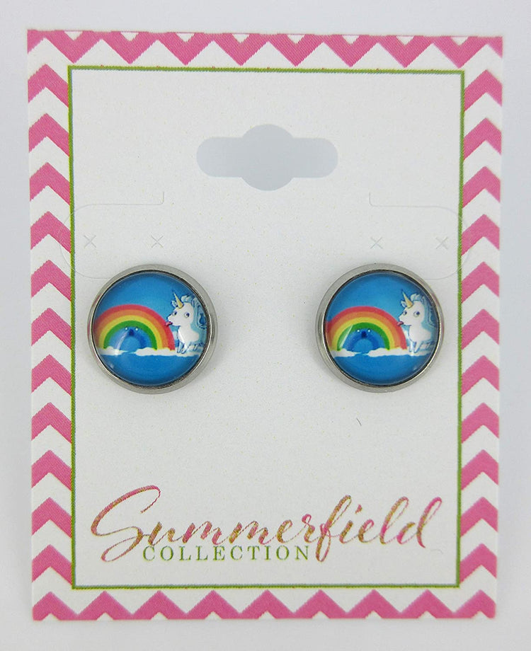 Stainless Steel Unicorn Licking Rainbow Print Glass Stud Earrings 12mm