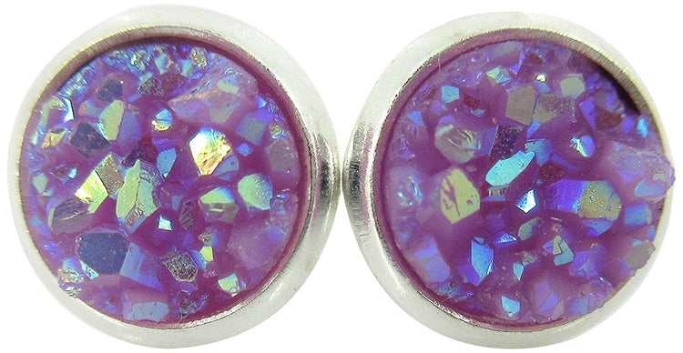 Silver-tone Lavender Purple AB Faux Druzy Stone Stud Earrings 8mm
