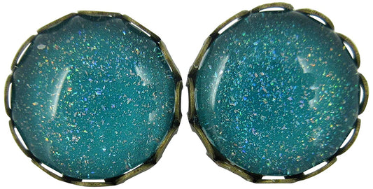 Antiqued Gold-tone Teal Blue Green Holographic Glitter Glass Stud Earrings Hand-painted 12mm