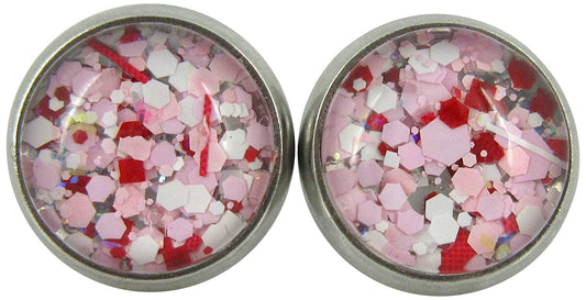 Stainless Steel Pink White Red Glitter Glass Stud Earrings Hand-painted 10mm