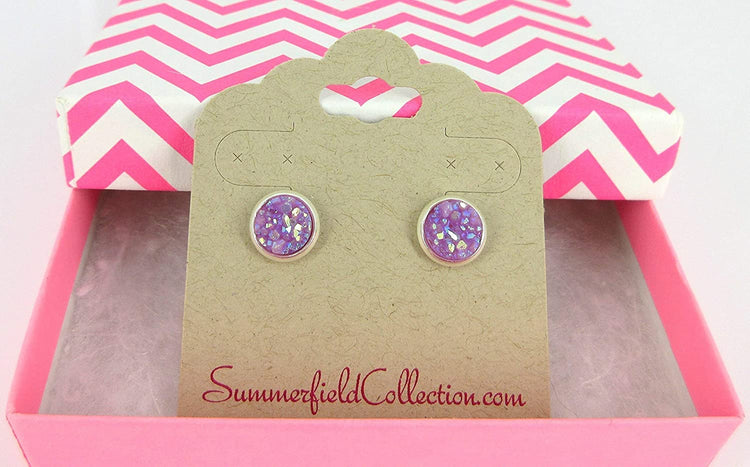 Silver-tone Lavender Purple AB Faux Druzy Stone Stud Earrings 8mm