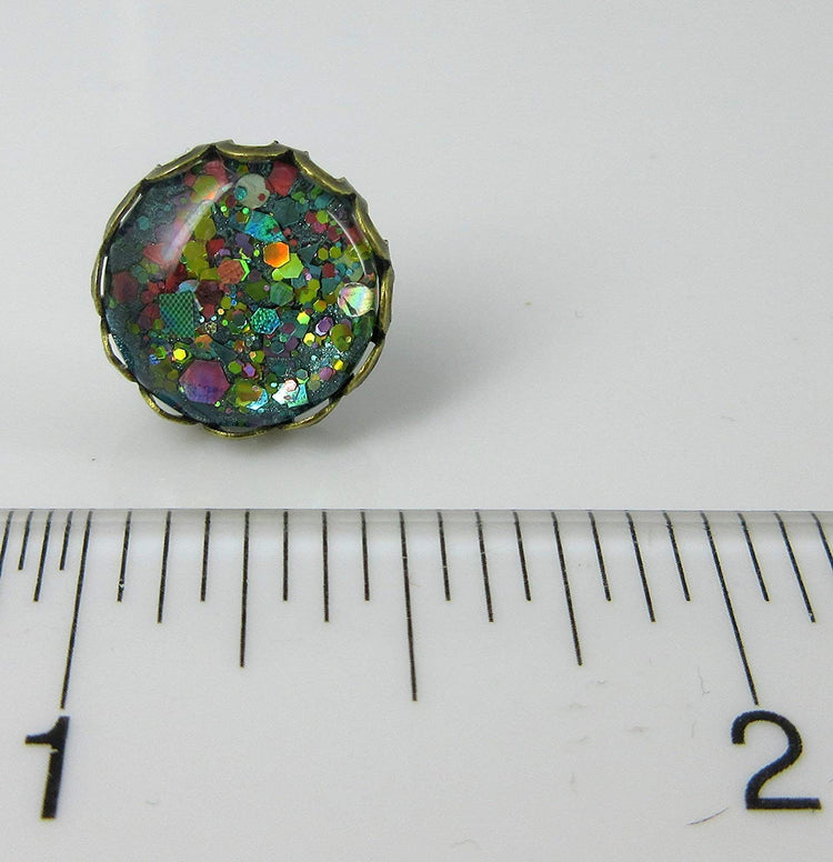 Antiqued Gold-tone Aqua Blue and Pink Glitter Glass Stud Earrings Hand-painted 12mm