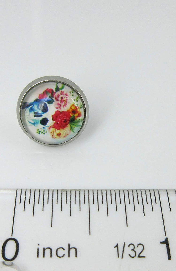 Stainless Steel Watercolor Skull with Flowers Printed Glass Stud Earrings 12mm