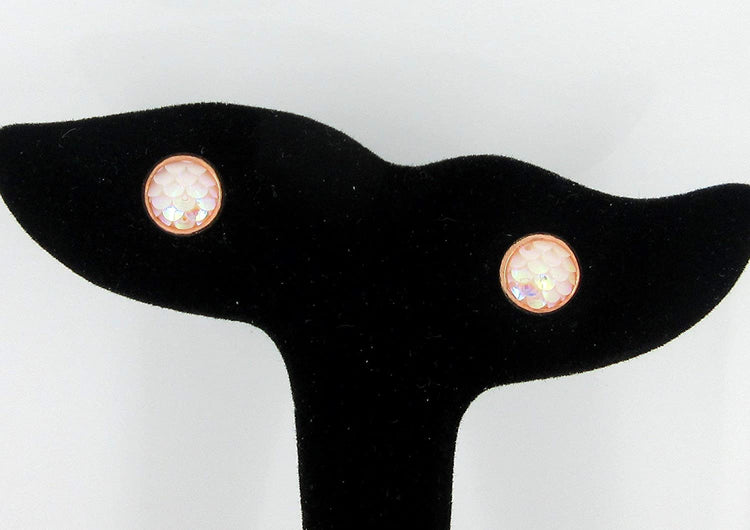 Rose Gold-tone Light Pink White AB Mermaid Scale Stud Earrings Dragon (8mm)