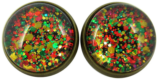 Antiqued Gold-tone Christmas Mix Glitter Glass Stud Earrings Hand-painted 12mm