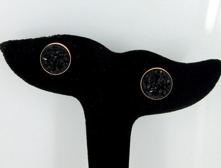 Rose Gold-tone Black Faux Druzy Stone Stud Earrings 12mm