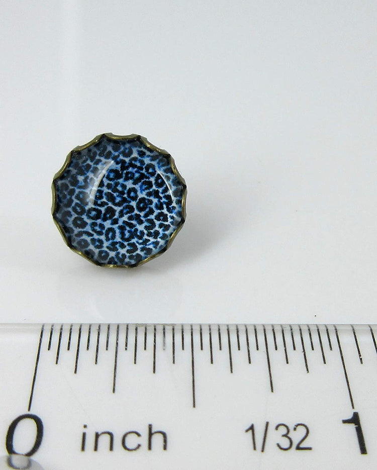 Antiqued Gold-tone Medium Sky Blue Animal Print Glass Stud Earrings 12mm