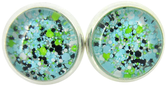 Silver-tone Blue Black Green White Glitter Glass Stud Earrings Hand-painted 10mm