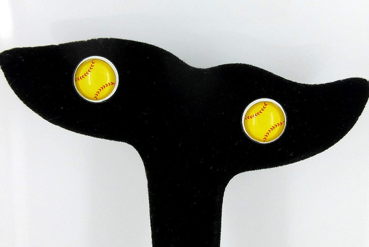 Silver-tone Yellow Softball Print Glass Stud Earrings 10mm