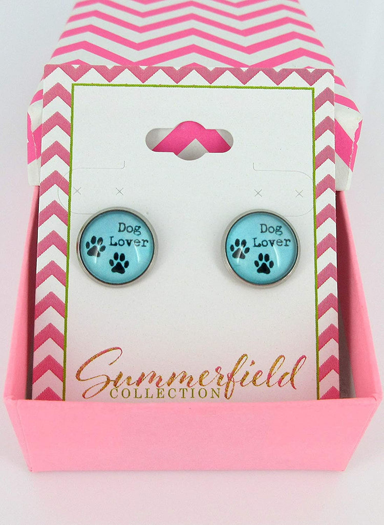 Stainless Steel Blue Dog Lover Paw Print Glass Stud Earrings 12mm