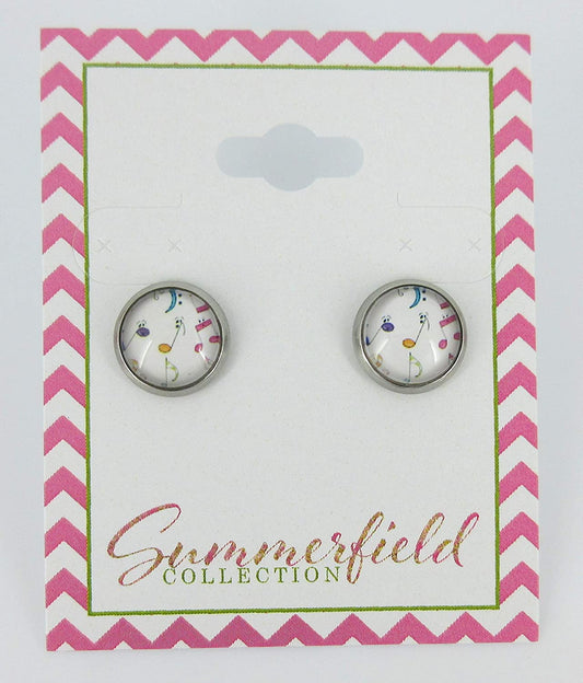 Stainless Steel Rainbow Music Note Print Glass Stud Earrings 10mm