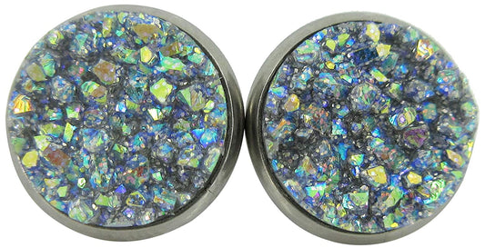 Stainless Steel Frost Blue Gray AB Glitter Faux Druzy Stone Stud Earrings 12mm