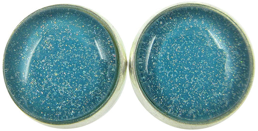 Silver-tone Soft Teal Green Blue Glitter Glass Stud Earrings Hand-painted 12mm