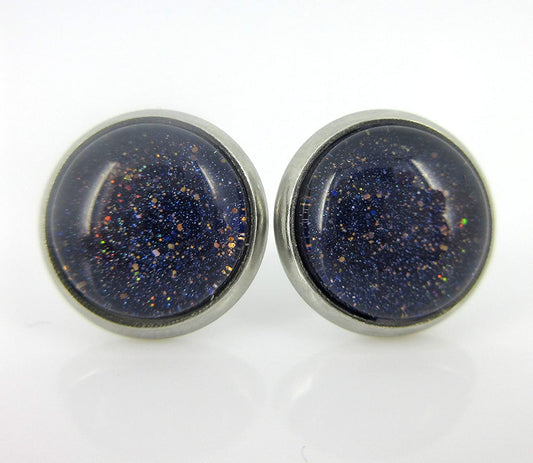 Stainless Steel Dark Purple and Gold Glitter Glass Stud Earrings Hand-painted 10mm