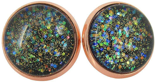 Rose Gold-tone Black Iridescent Glitter Glass Galaxy Stud Earrings Hand-painted 12mm