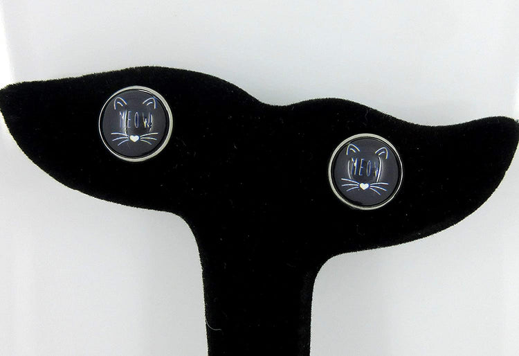 Stainless Steel Black Cat Face Print Glass Stud Earrings 12mm
