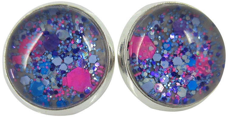 Silver-tone Gray Neon Pink Aqua Blue and Purple Glitter Glass Stud Earrings Hand-painted 12mm