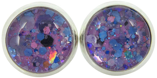 Silver-tone Purple Unicorn Mix Glitter Glass Stud Earrings Hand-painted 10mm