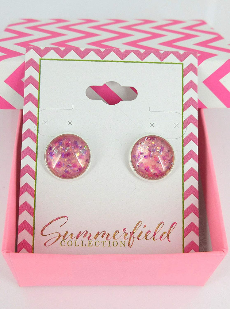 Silver-tone Pink and Purple Iridescent Glitter Glass Stud Earrings Hand-painted 12mm