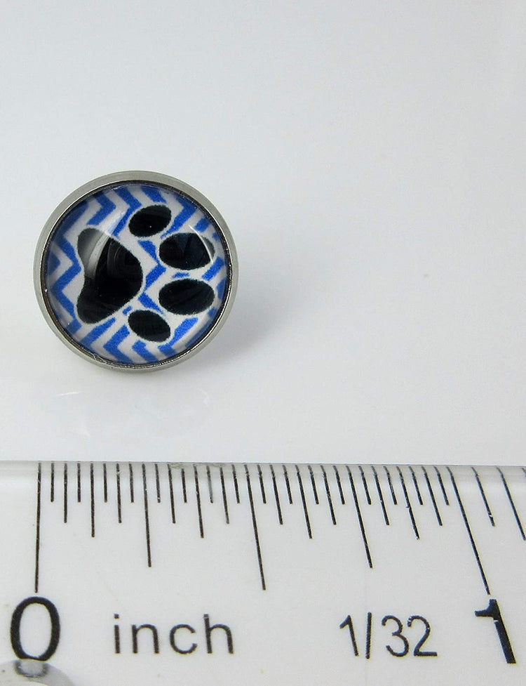 Stainless Steel Chevron and Black Paw Print Glass Stud Earrings 12mm