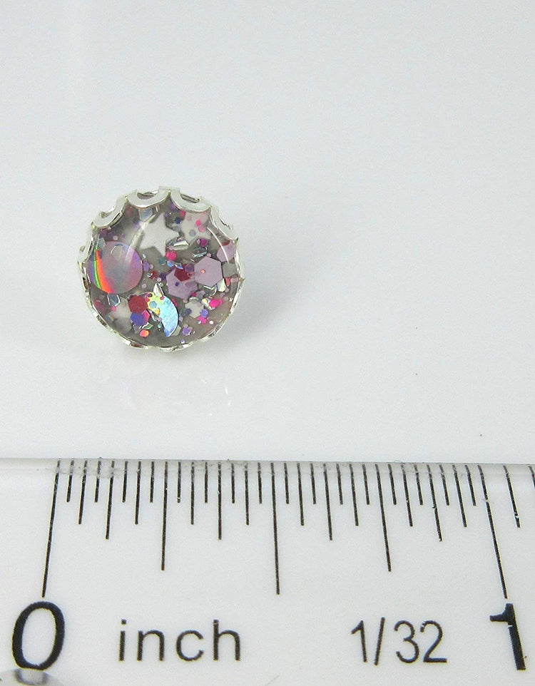 Silver-tone Gray Pink and White Glitter Glass Stud Earrings Hand-painted 10mm